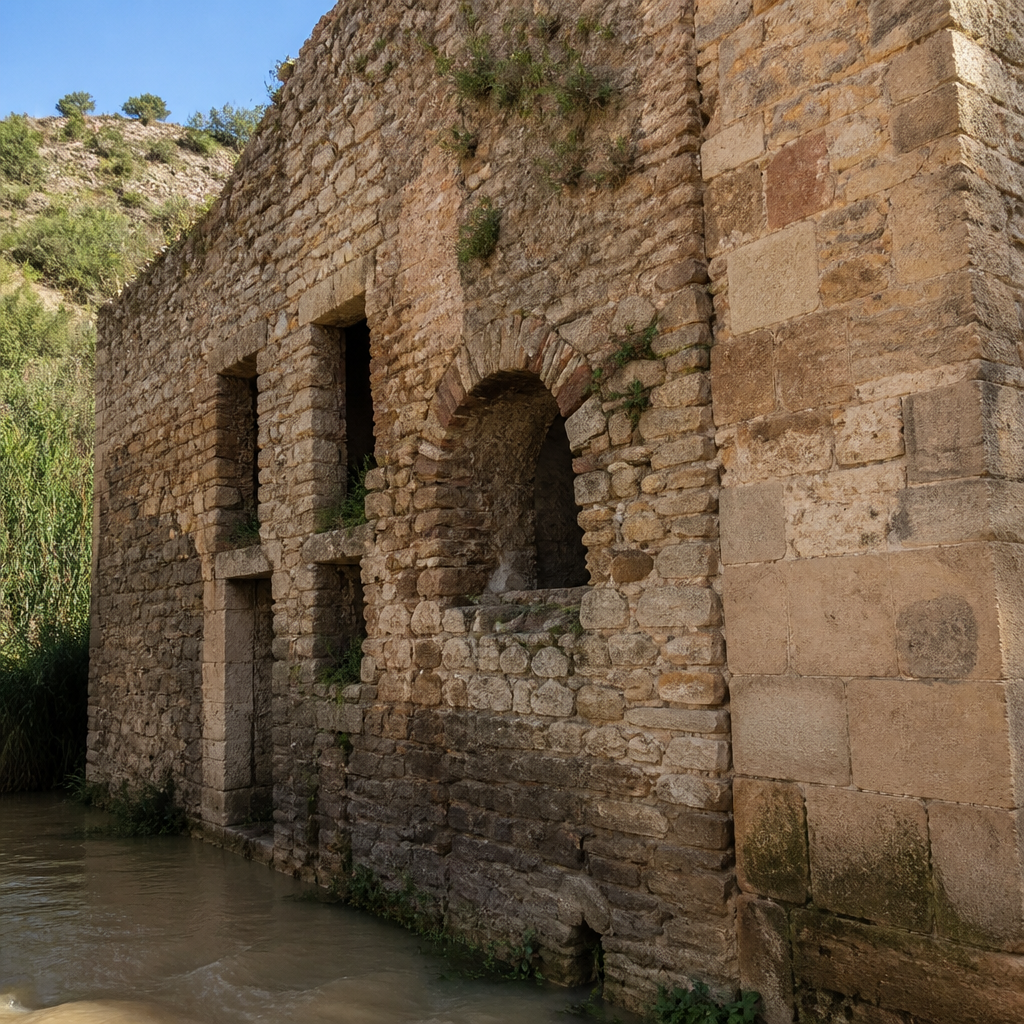 Muros del Molino de las Monjas de Montoro, edificio con tres piedras soleras