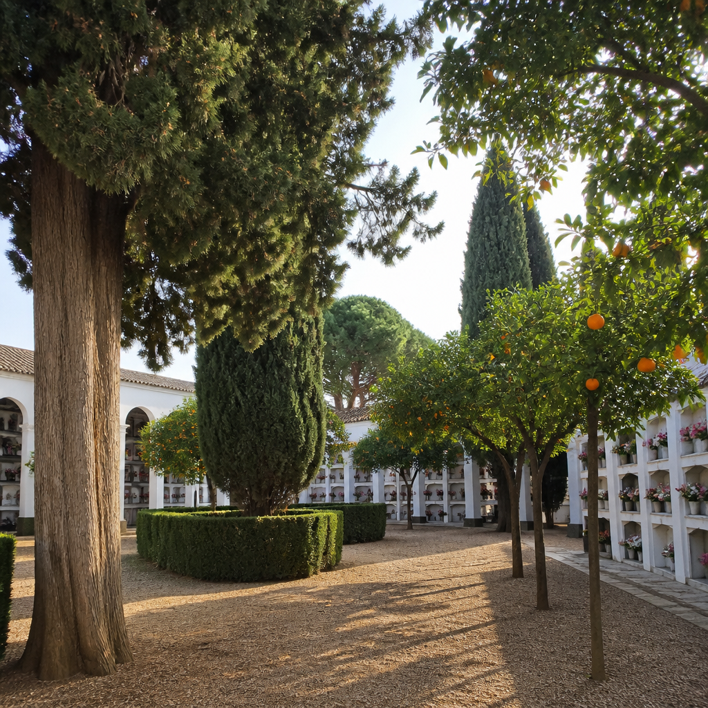 Patio de nichos con naranjos y cipreses del Cementerio Municipal de San Rafael en Monturque