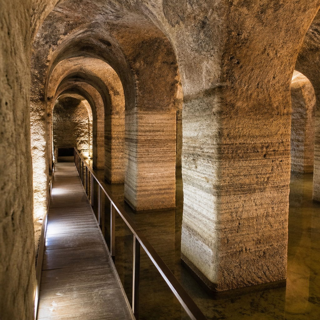 Interior de la Gran Cisterna de las Cisternas Romanas de Monturque con sus bóvedas