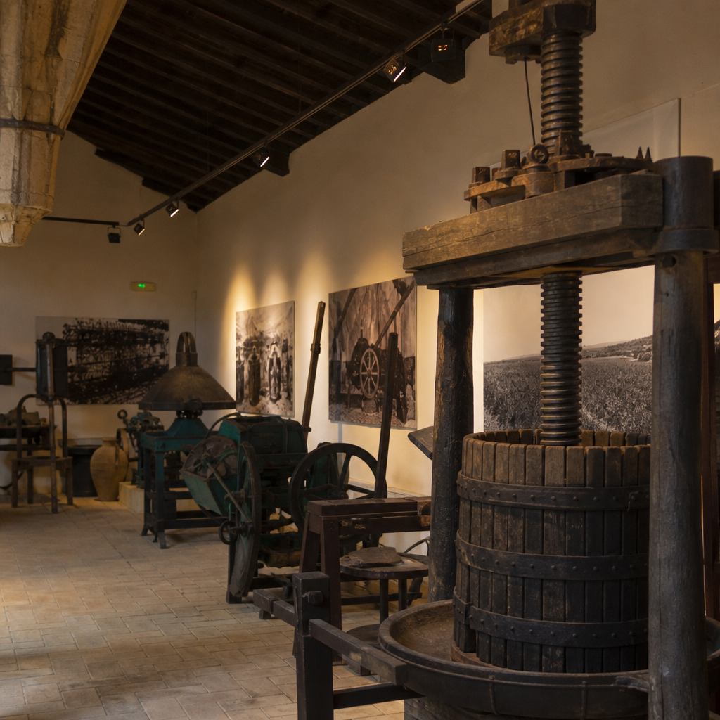 Máquinas y herramientas antiguas junto a fotografías históricas.