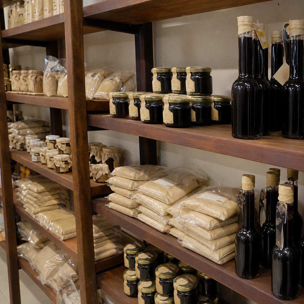 Gachas y arrope de mosto en las estanterías de la tienda.