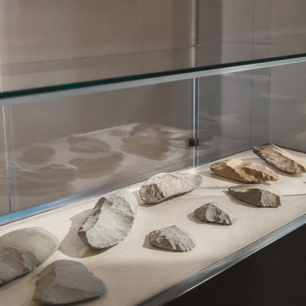 Útiles de piedra tallada expuestos en una vitrina del museo.
