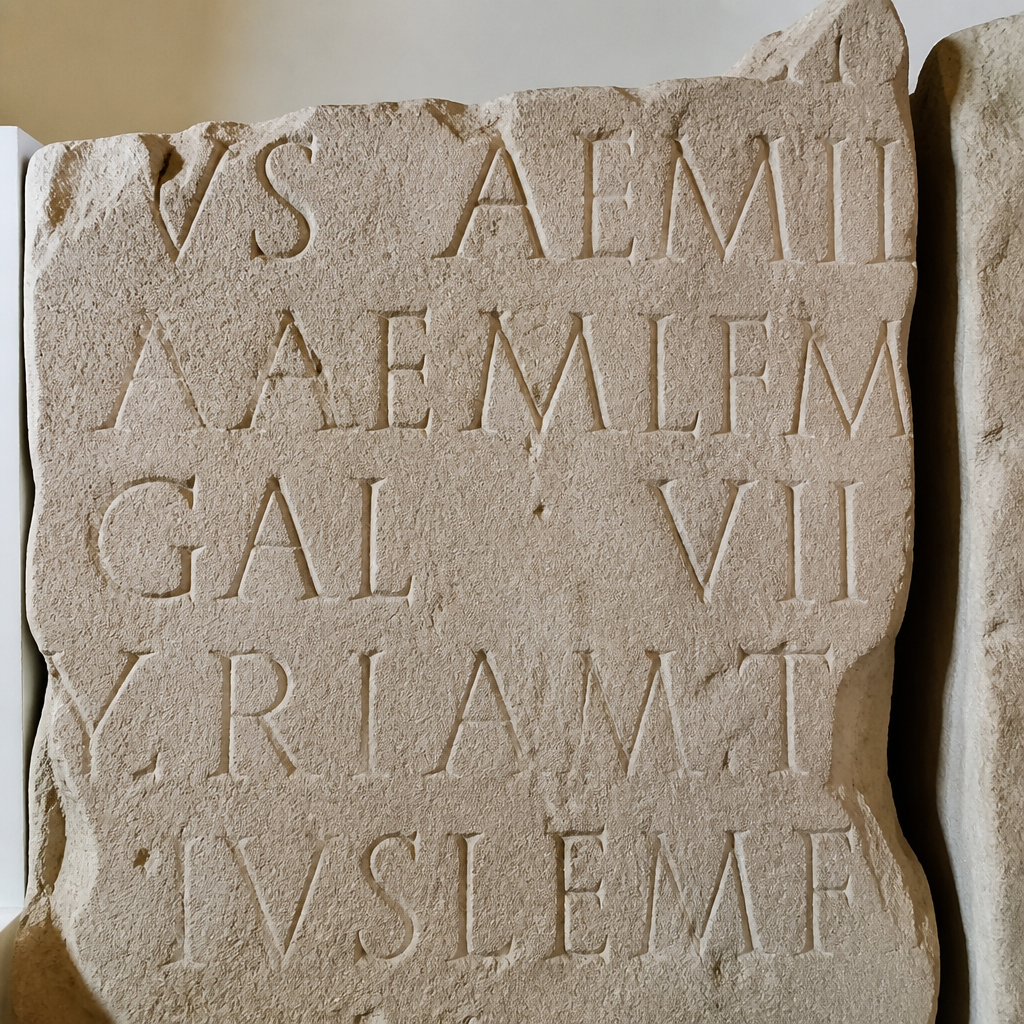 Letras romanas grabadas en un fragmento de piedra, expuestas en el museo.
