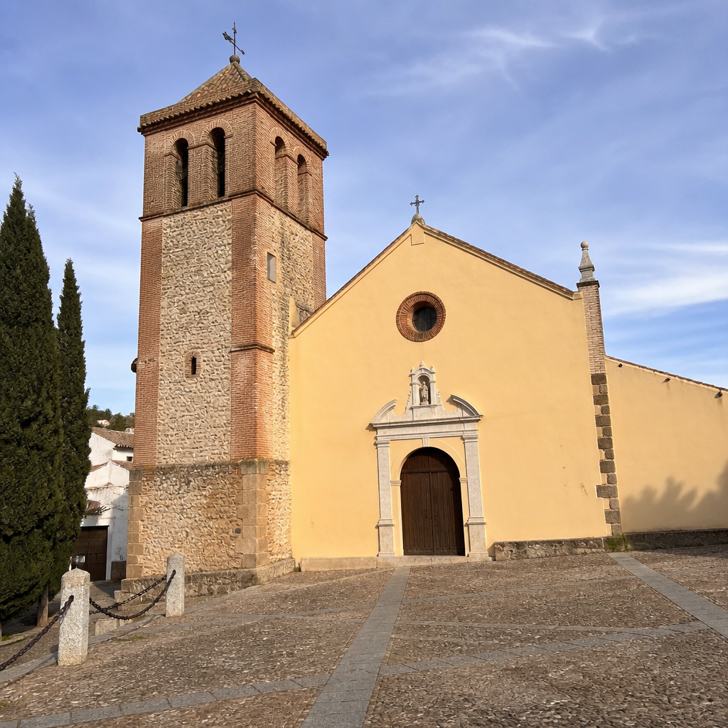Portada y torre de la Iglesia Parroquial de San Antonio Abad en Obejo