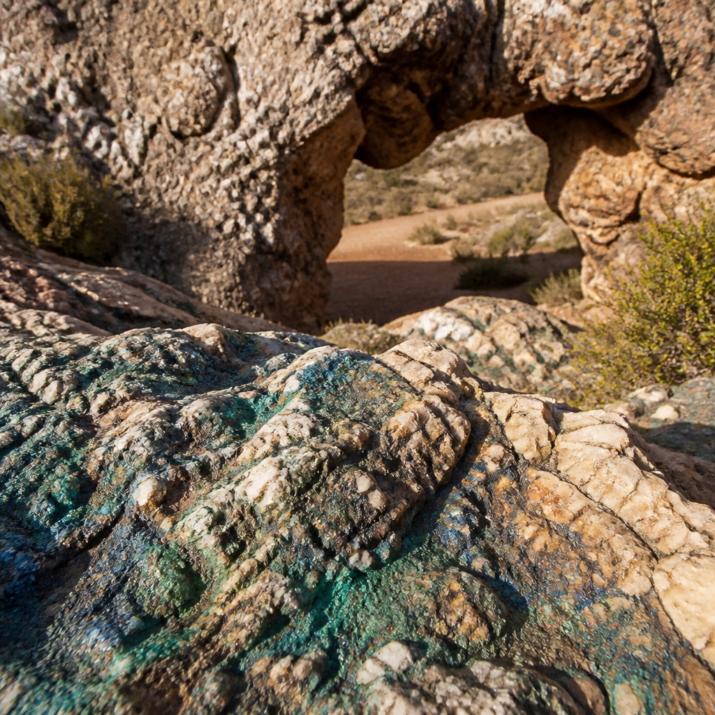 Coloraciones de malaquita y azurita sobre el cuarzo de la Piedra Horadada, con su abertura al fondo