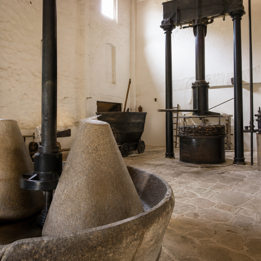 Maquinaria de la almazara en el Museo del Olivar y el Aceite de Baena, visita a una almazara