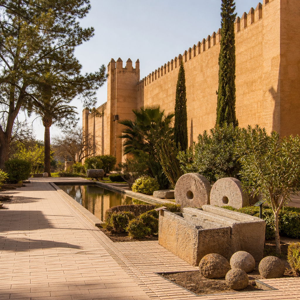 Explanada interior y piezas arqueológicas de la Alcazaba de Palma del Río