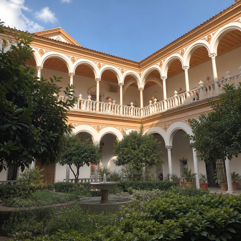 Patio claustral del Hospital de San Sebastián de Palma del Río con columnas de mármol blanco