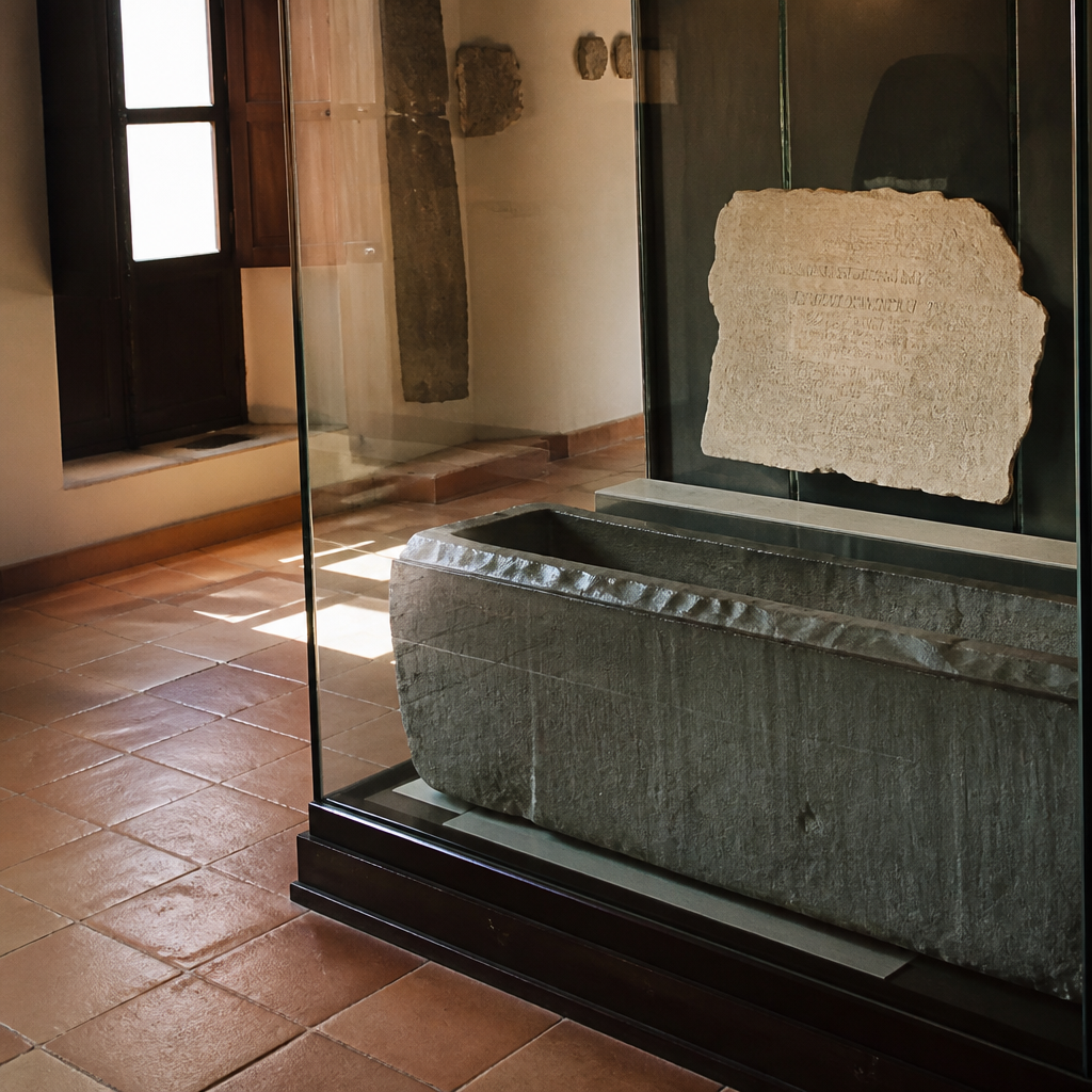 Sarcófago de plomo en las salas de Antigüedad del Museo Municipal de Palma del Río