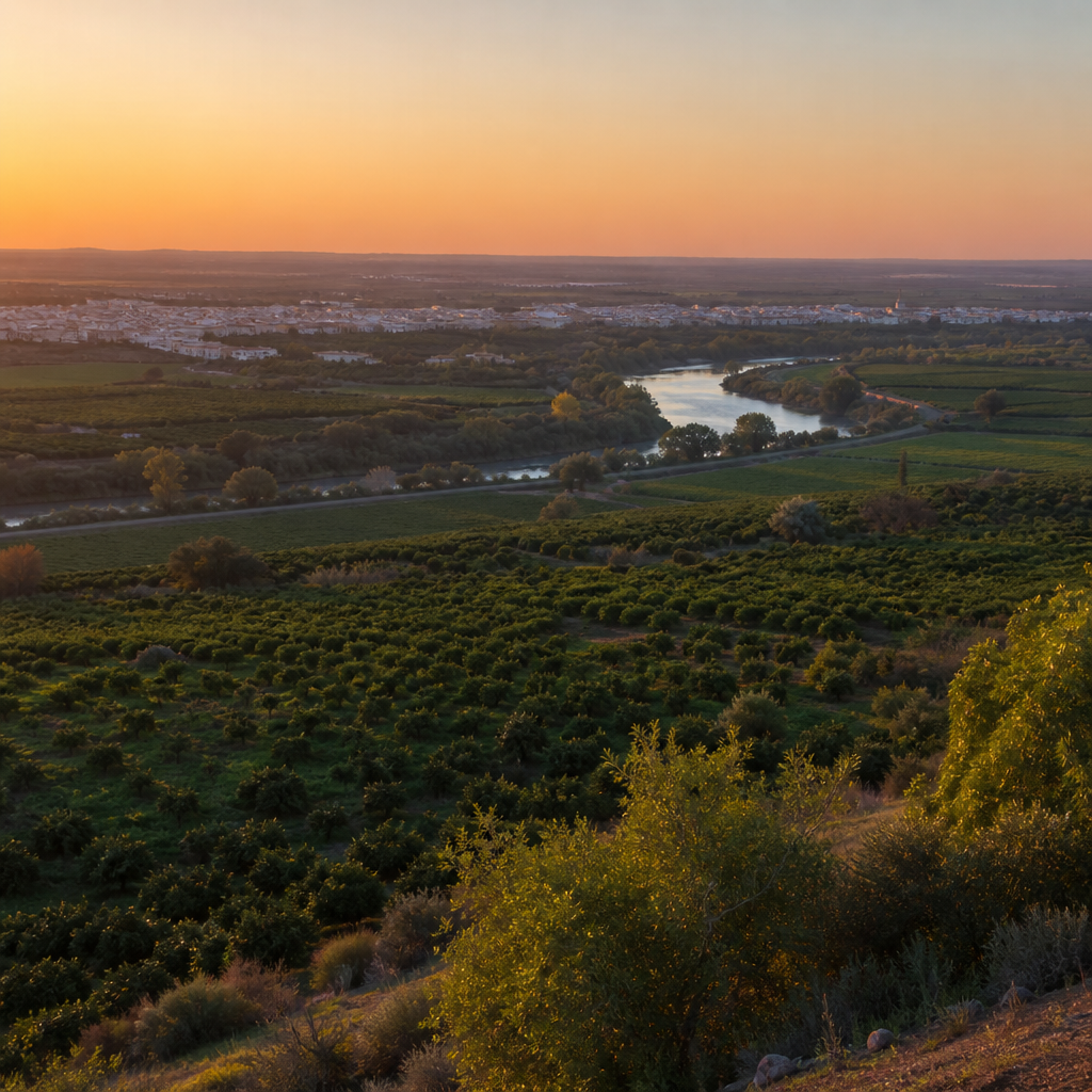 Vega de Palma del Río con naranjos y meandro del Genil desde la loma de Buenavista