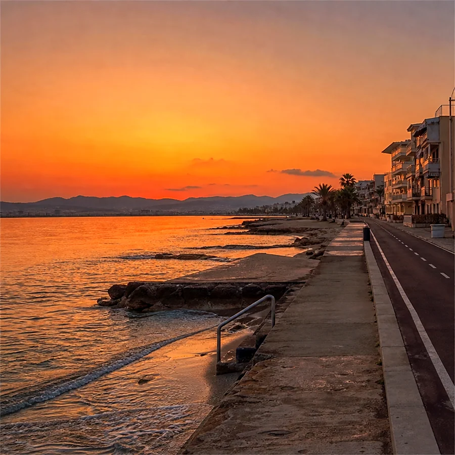 Recreación ilustrativa: Paseo marítimo de es Molinar en Palma al atardecer