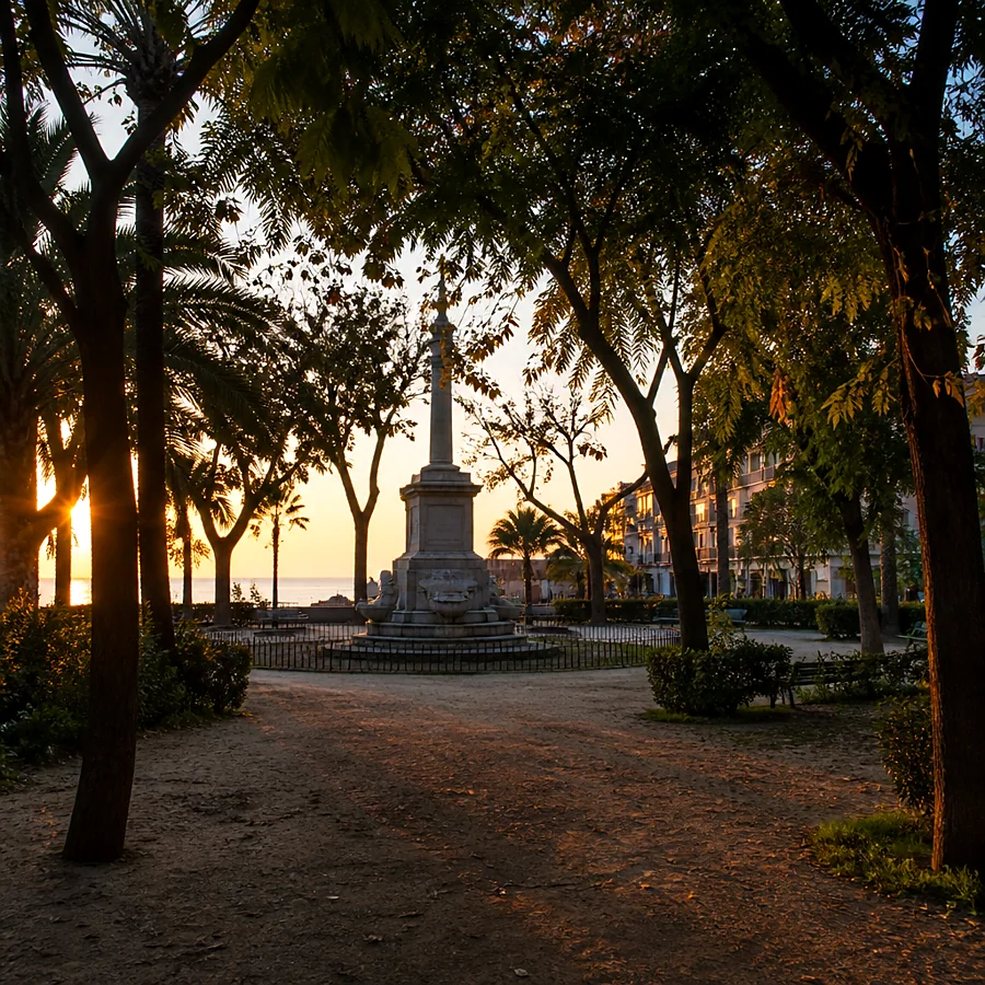 Recreación ilustrativa: Parque de sa Feixina y su monumento junto al barrio de Santa Catalina, Palma