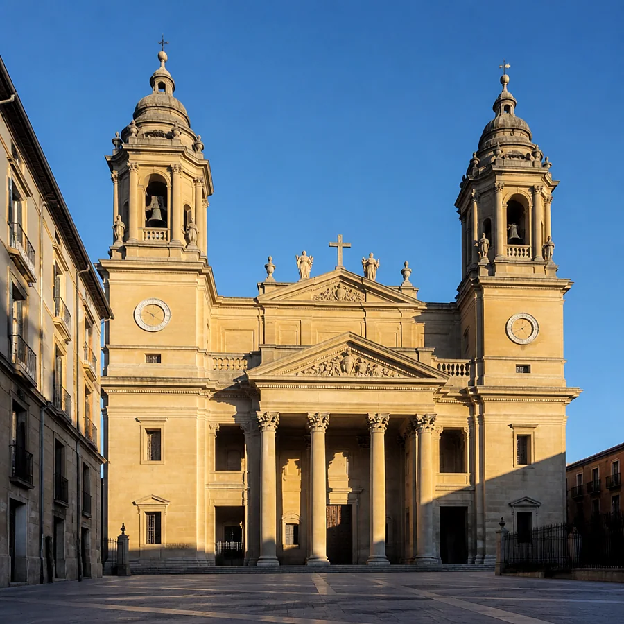 Recreación ilustrativa: Fachada neoclásica de la Catedral de Pamplona con sus dos torres