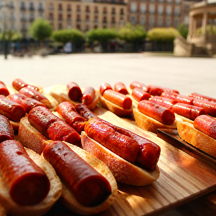 Recreación ilustrativa: Pintxo de txistorra navarra en la degustación popular de Pamplona