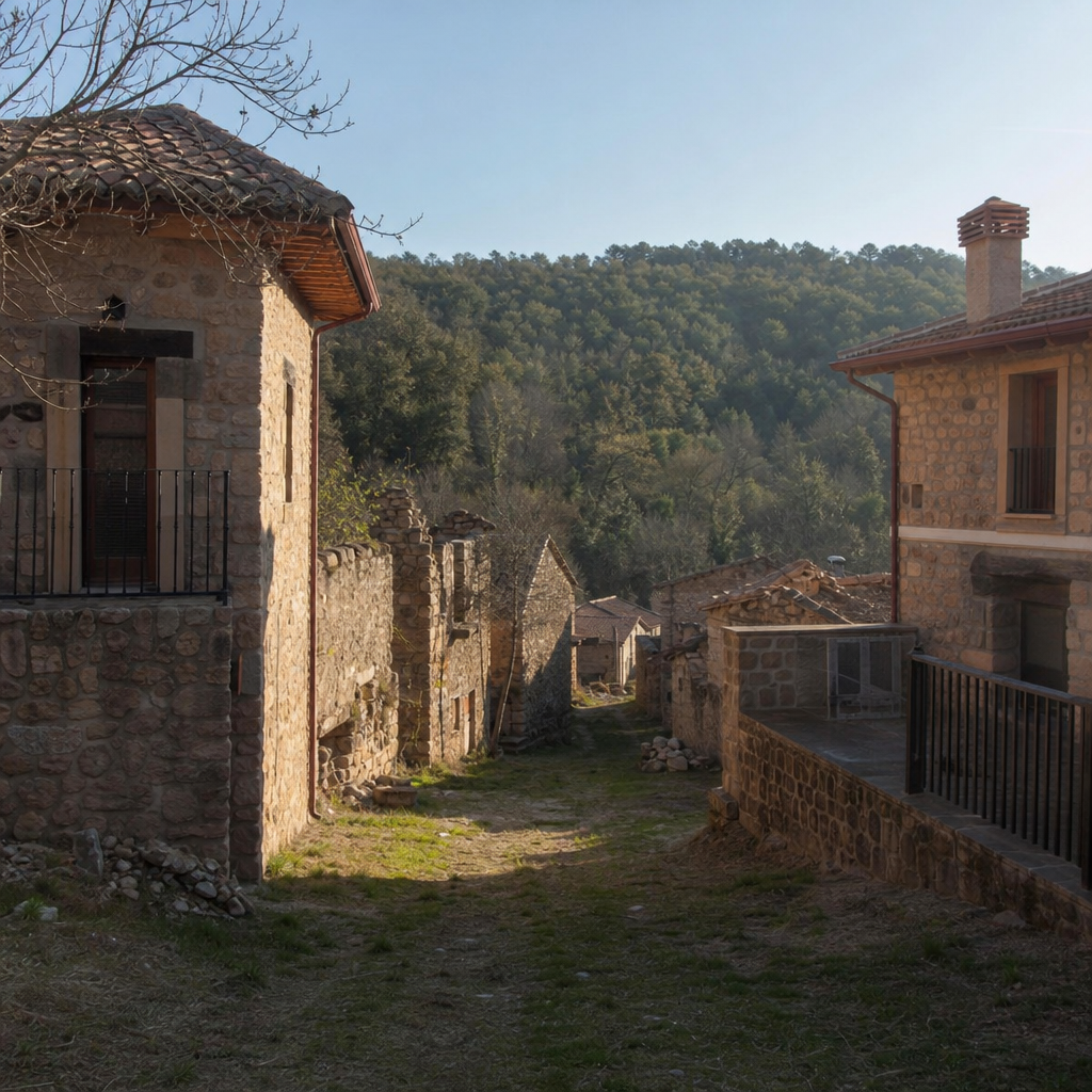 Casas rehabilitadas y chozas en ruinas en la Aldea del Cerezo.