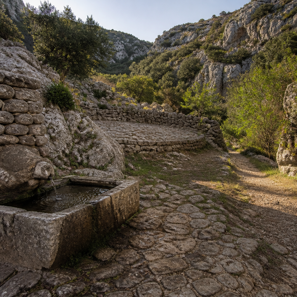 Fuente y muros de piedra seca en la Fuenfría, sendero del Río Bailón
