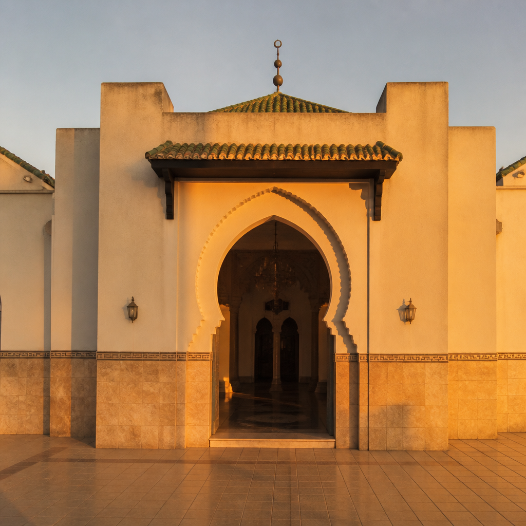 Entrada de la Mezquita Basharat en Pedro Abad al atardecer