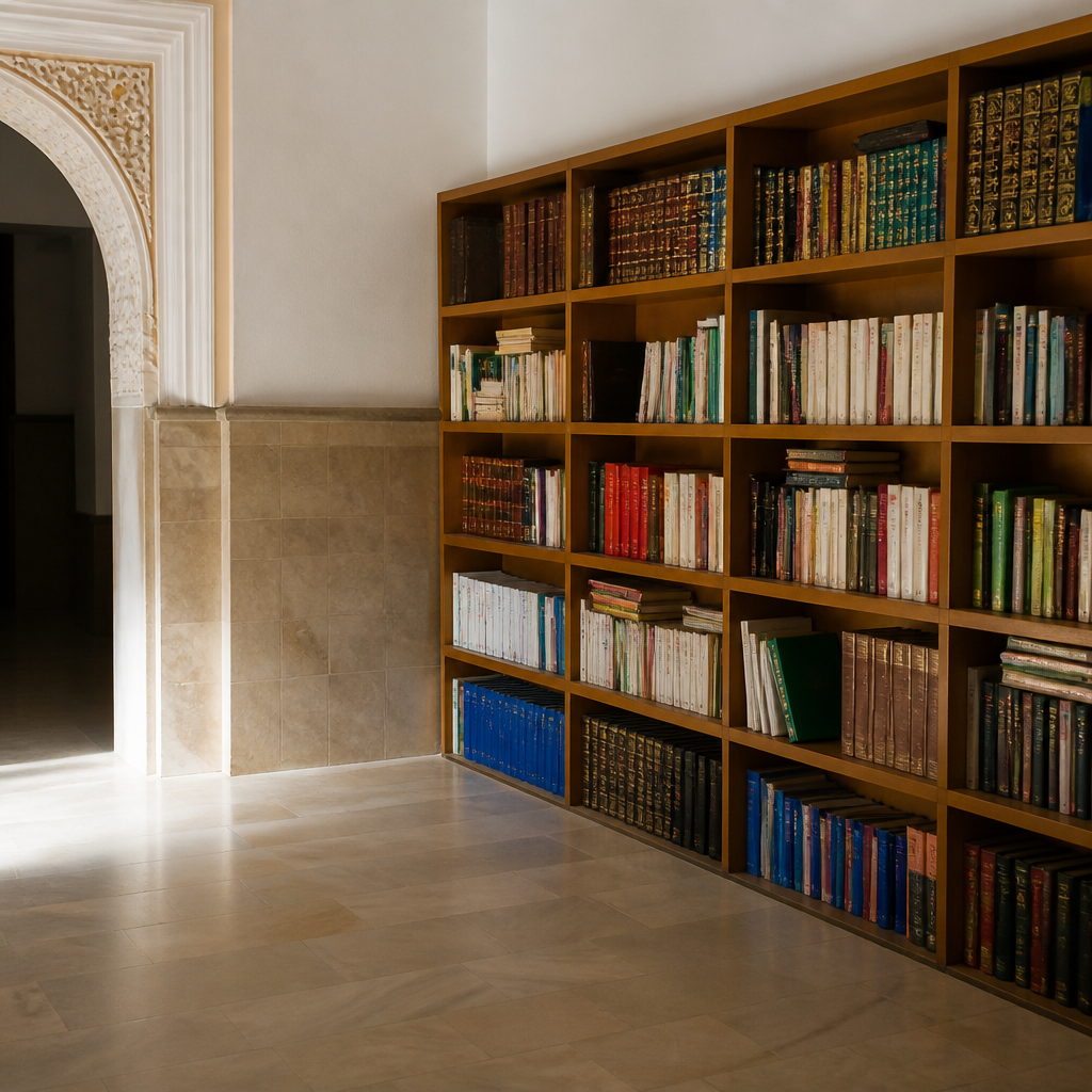 Biblioteca de la Mezquita Basharat de Pedro Abad con libros en varios idiomas