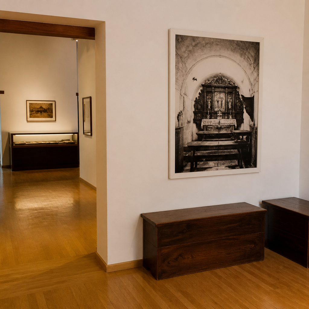 Sala de historia del Centro de Interpretación de las Siete Villas de Los Pedroches en Pedroche con bancas comuneras