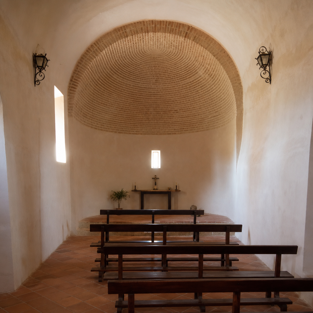 Nave y presbiterio con bóveda de ladrillo de la Ermita de San Sebastián en Pedroche