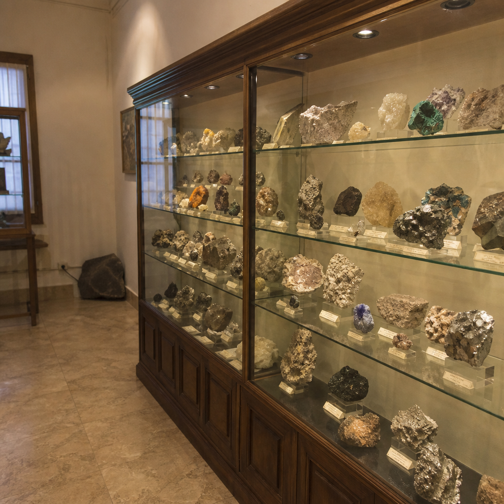 Vitrina de la colección fundacional del Museo Geológico-Minero de Peñarroya-Pueblonuevo