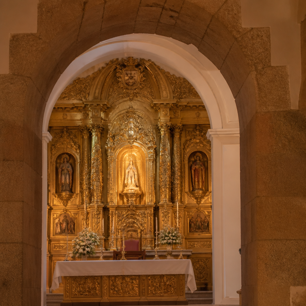 Retablo mayor e imagen de Nuestra Señora del Rosario en la Real Iglesia Matriz de Peñarroya-Pueblonuevo
