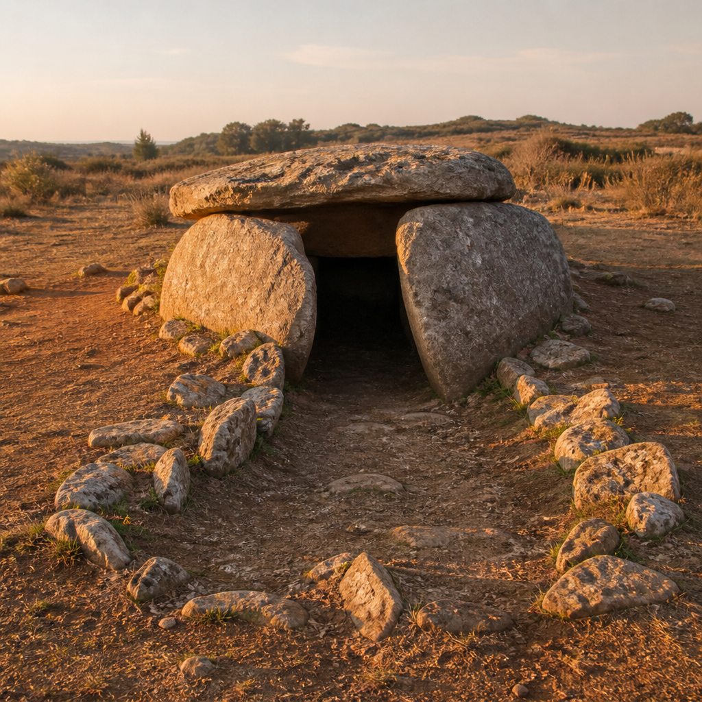 Acceso del Dolmen II de La Sierrezuela en Posadas con sus grandes lajas y el perímetro de piedras