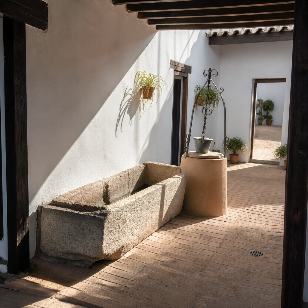 Patio de la Casa de la Viga en Pozoblanco con pila de granito y pozo