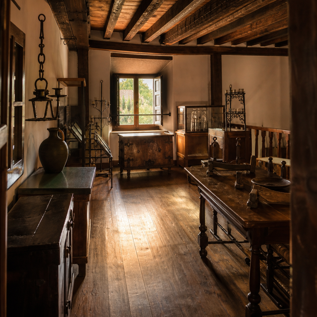Interior de la Casa de la Viga en Pozoblanco con mobiliario de madera y forja