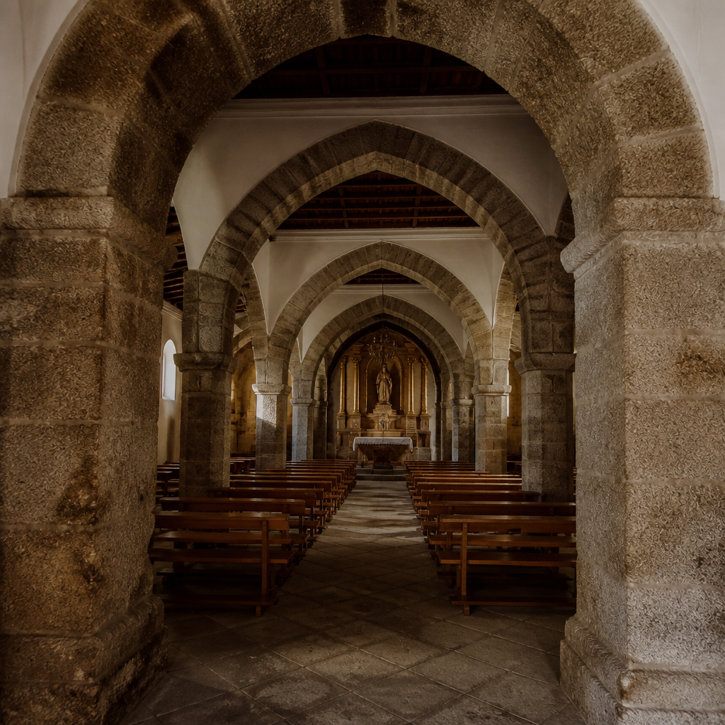 Nave de granito de la Iglesia Parroquial de San Bartolomé de Pozoblanco con arcos apuntados
