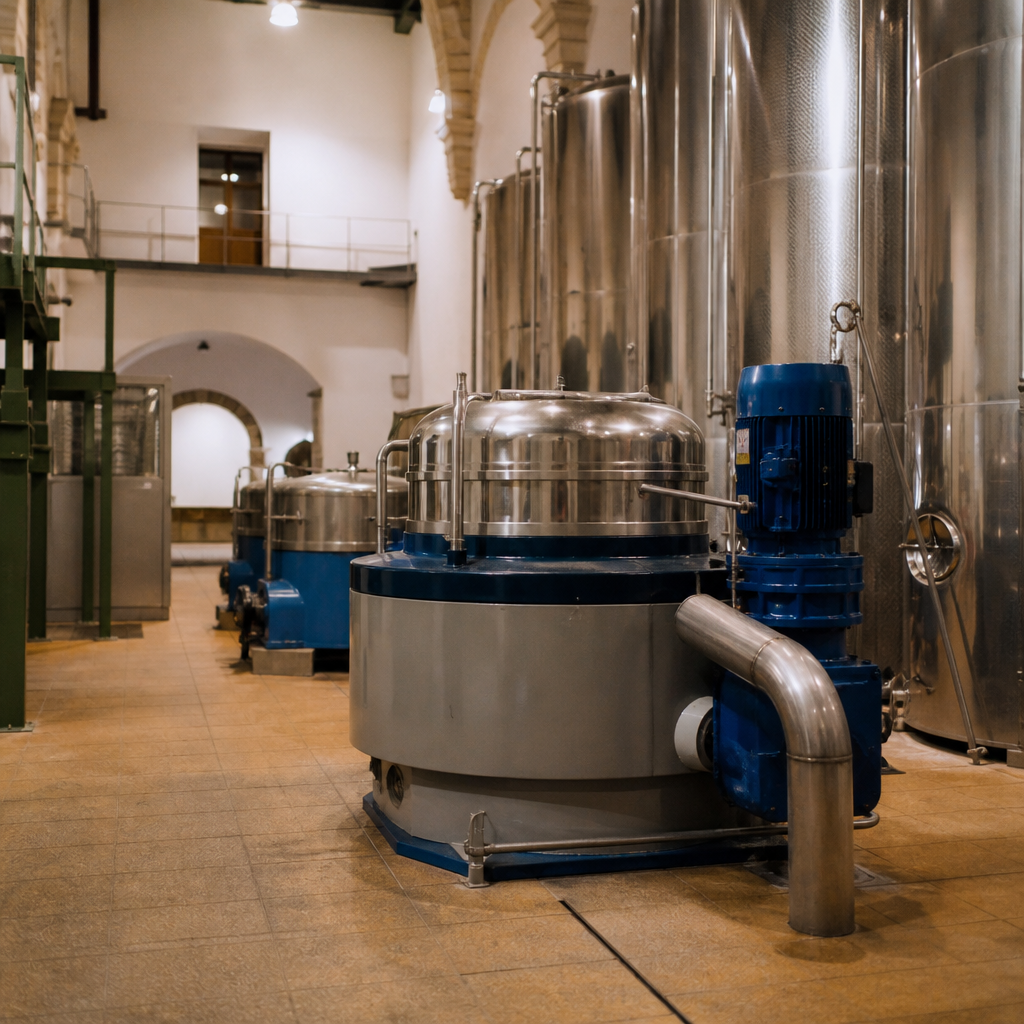 Interior de una almazara con depósitos y maquinaria para elaborar aceite de oliva