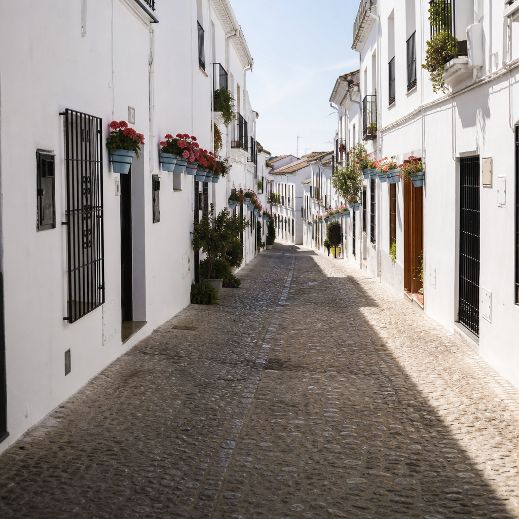 Calle Real encalada con macetas en el barrio de la Villa de Priego