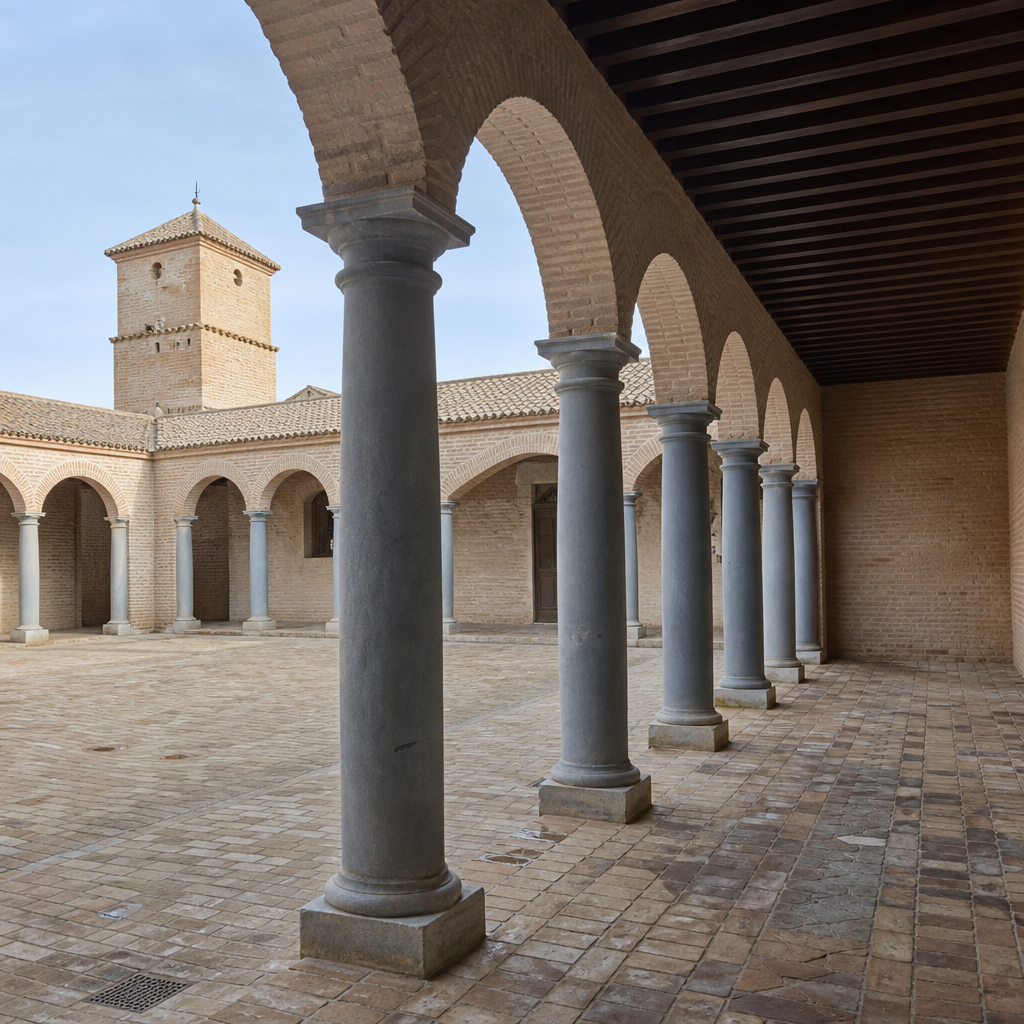 Patio porticado con columnas de piedra y torre esquinera.