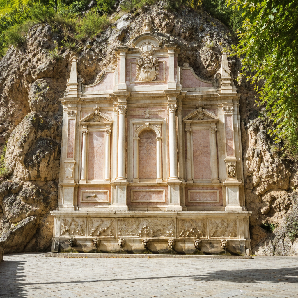 Fachada de la Fuente de la Salud en Priego de Córdoba sobre la roca, con mármoles en tres calles