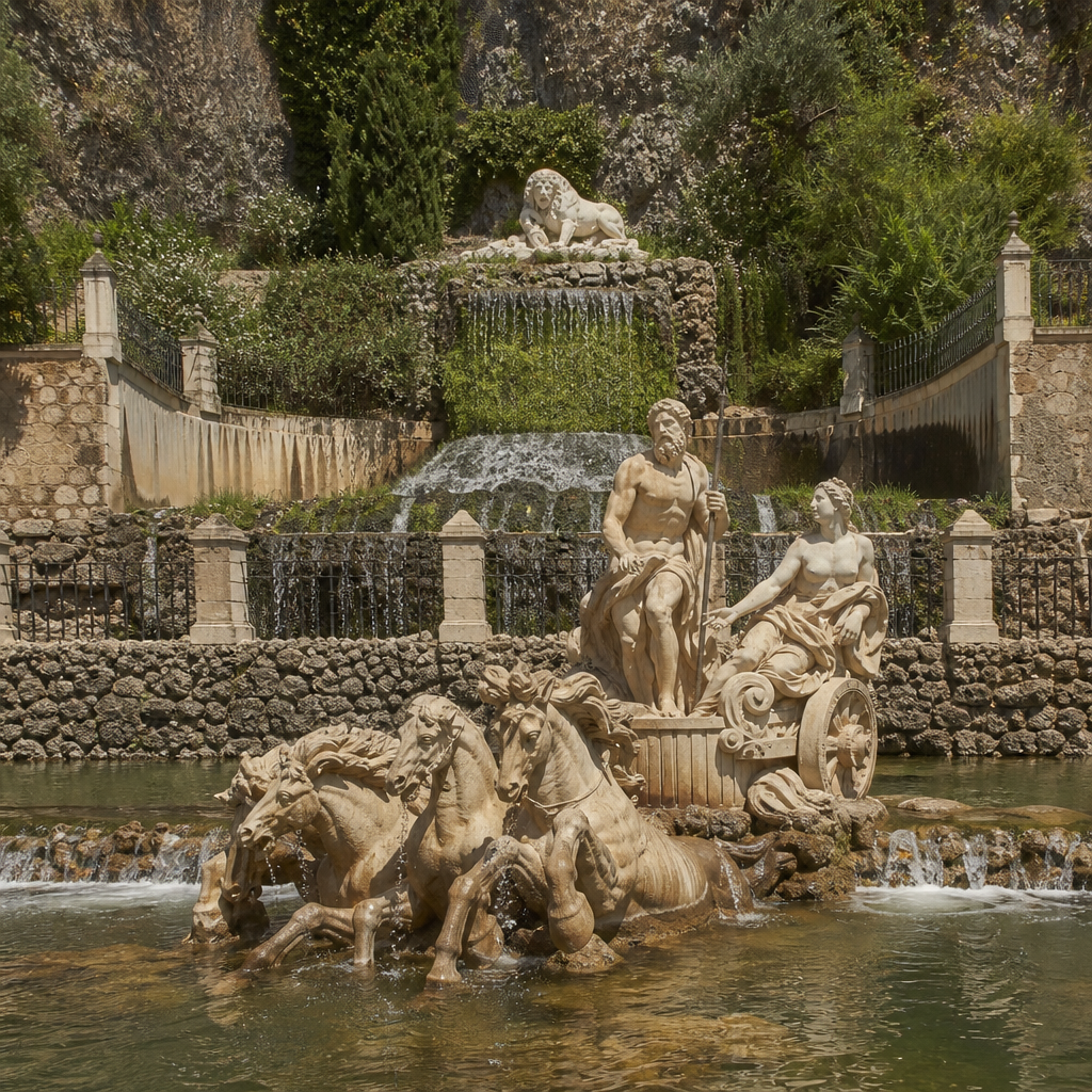Esculturas de Neptuno y el león en la Fuente del Rey Priego de Córdoba