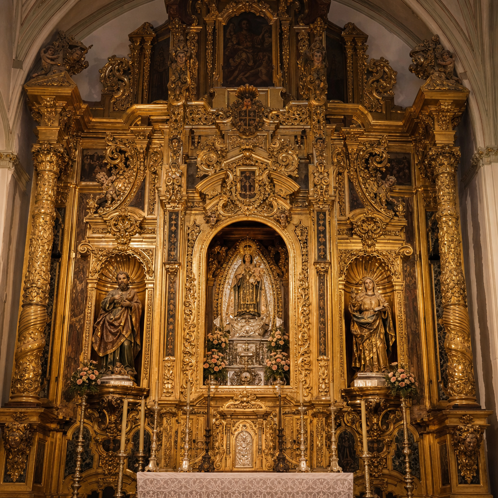 Retablo mayor con el camarín de la Virgen del Carmen en el centro, flanqueado por San Joaquín y Santa Ana.