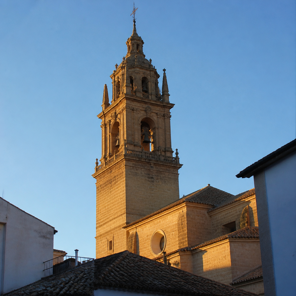 Torre campanario de la Iglesia de la Asunción de Priego de Córdoba al atardecer