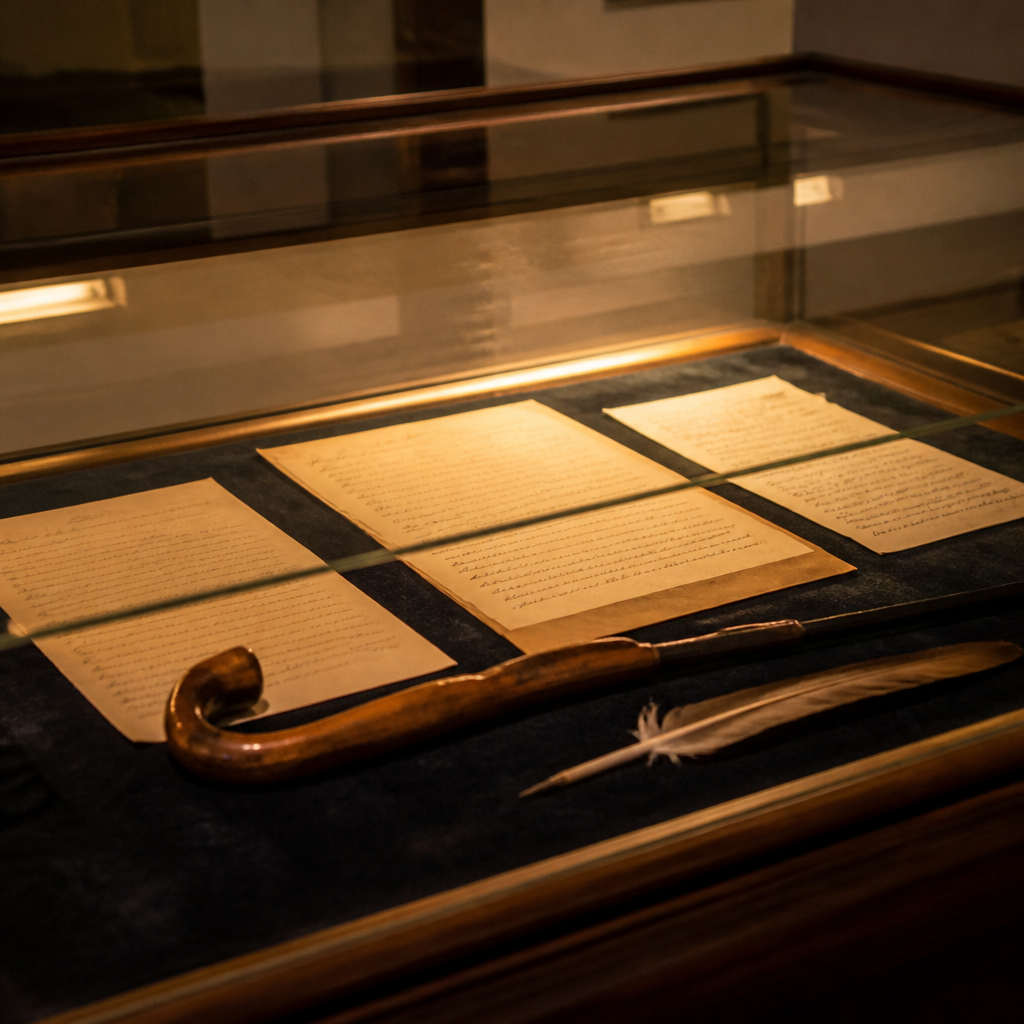 Vitrina con manuscritos y bastón de Niceto Alcalá-Zamora en su casa-museo de Priego