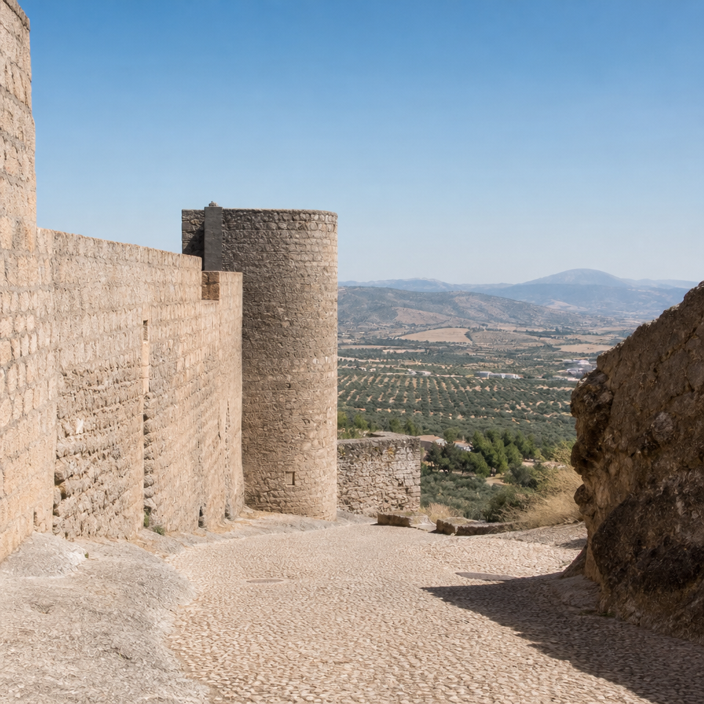 Lienzo occidental de la muralla y bastión de Castillo Anzur sobre la loma.