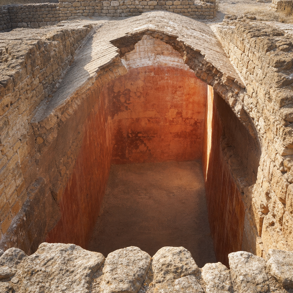 Interior del aljibe, con bóveda de ladrillo rota en el centro y muros de piedra.