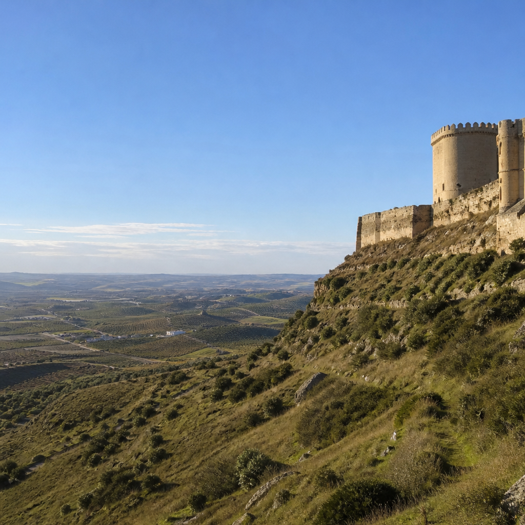 La torre de Castillo Anzur sobre la loma, con las campiñas al fondo.