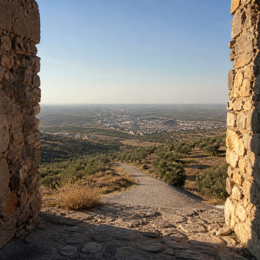 Vista desde Castillo Anzur hacia el valle y el camino de bajada hacia Puente Genil.