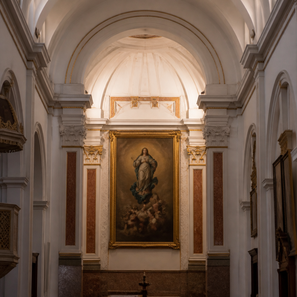 El gran lienzo de la Inmaculada en el crucero de la iglesia.