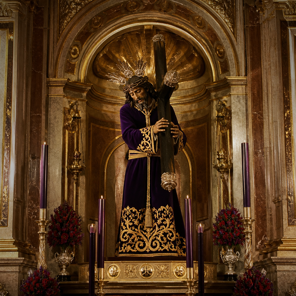 Imagen de Jesús Nazareno con la cruz en el altar mayor.