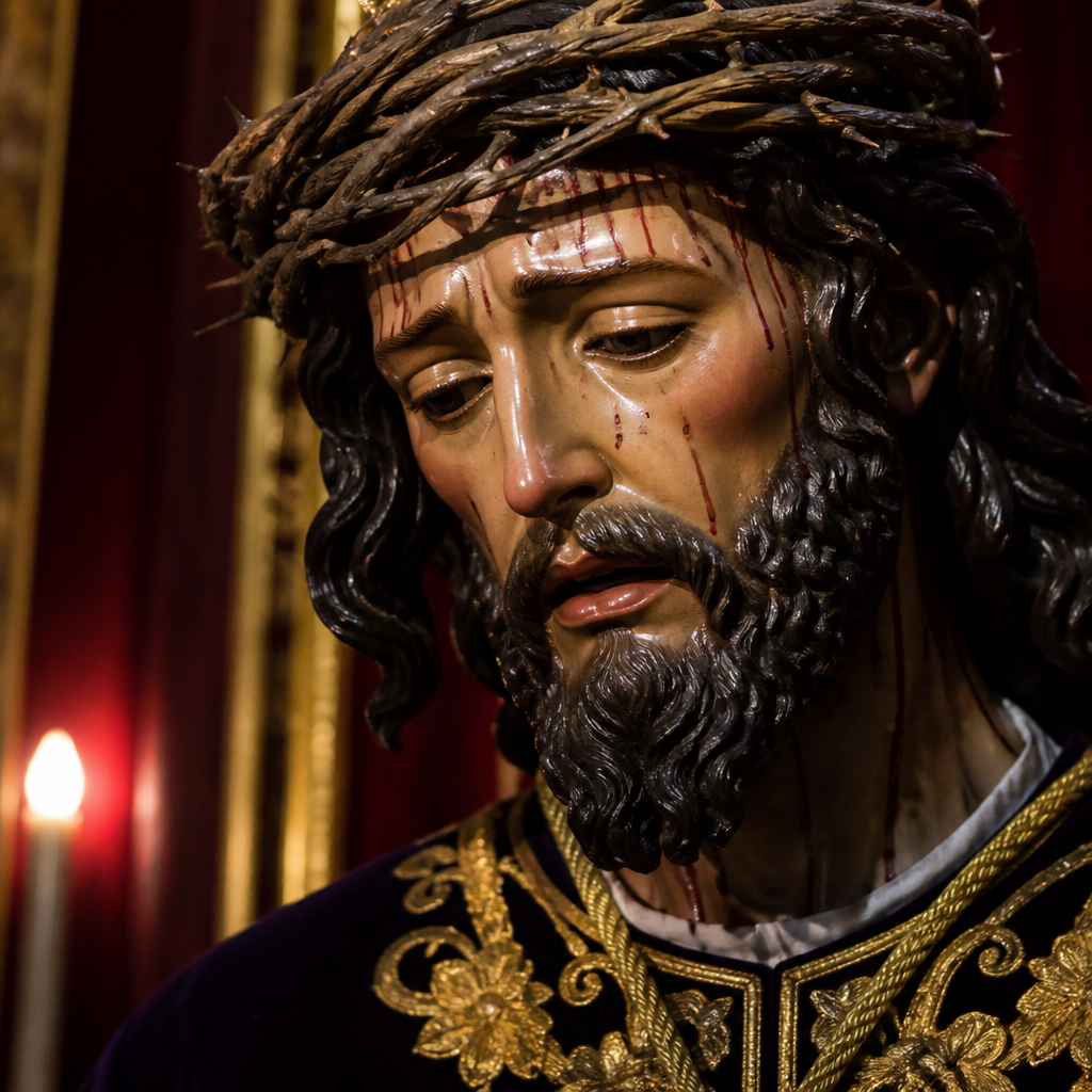 Detalle del rostro y la barba de la imagen de Jesús Nazareno.