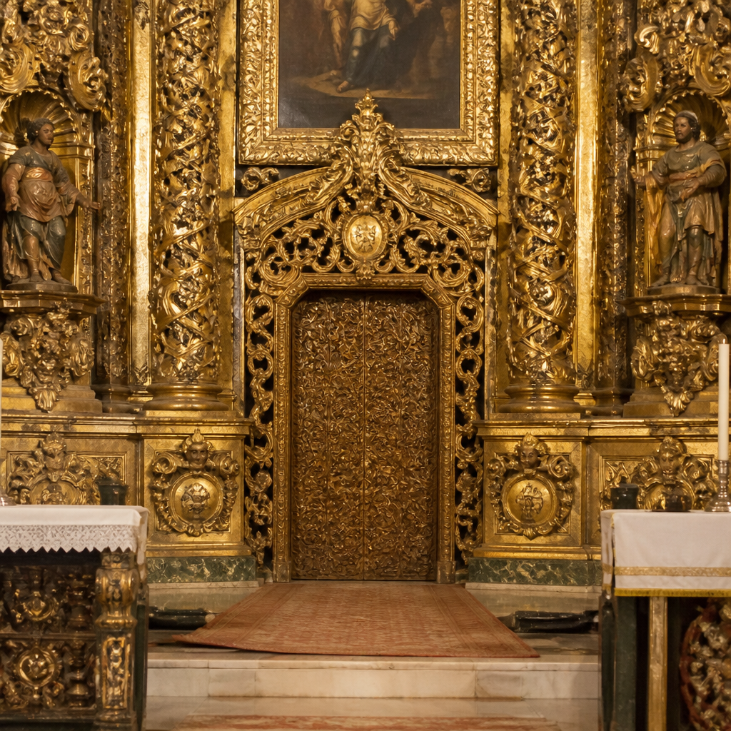 Puerta del camarín de Jesús Nazareno vista desde el altar mayor.