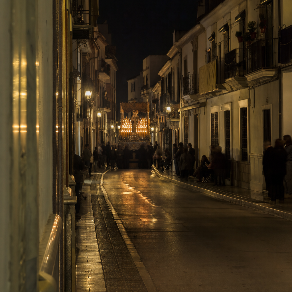 Paso procesional en la calle Aguilar durante la Semana Santa de Puente Genil