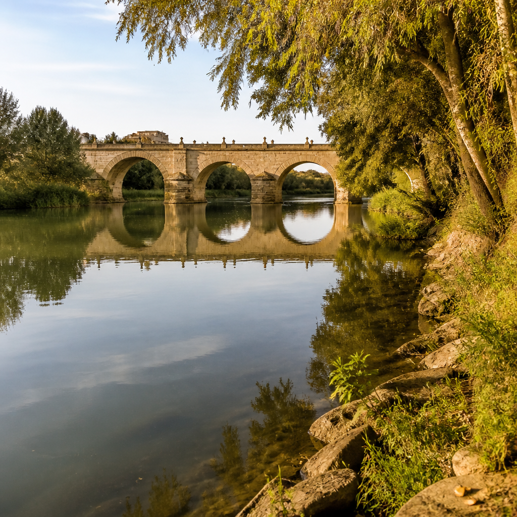 Orilla del Genil con el puente al fondo, escenario de la riada de 1917 en Puente Genil