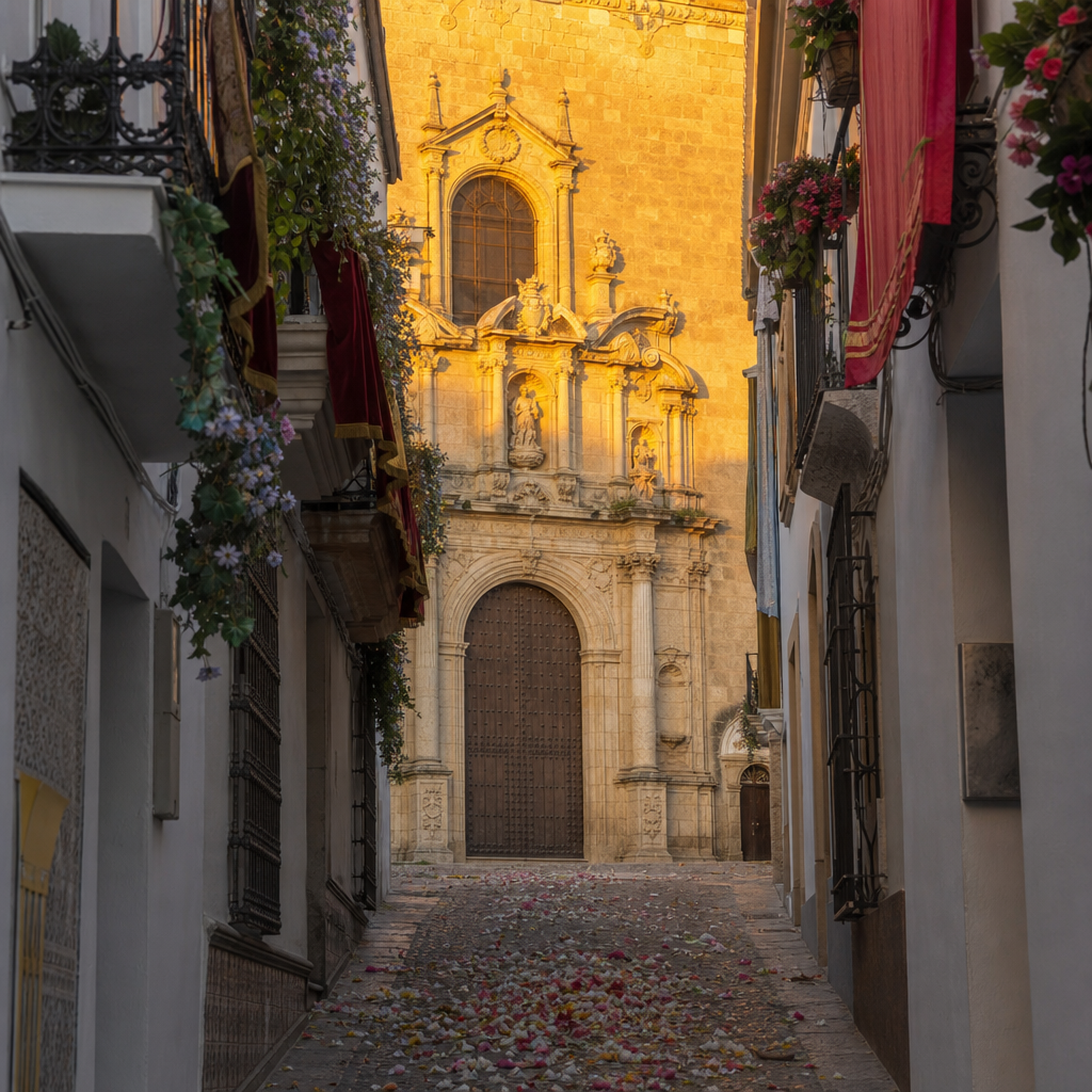 Calle engalanada con pétalos en la procesión de la Virgen de Araceli en Lucena