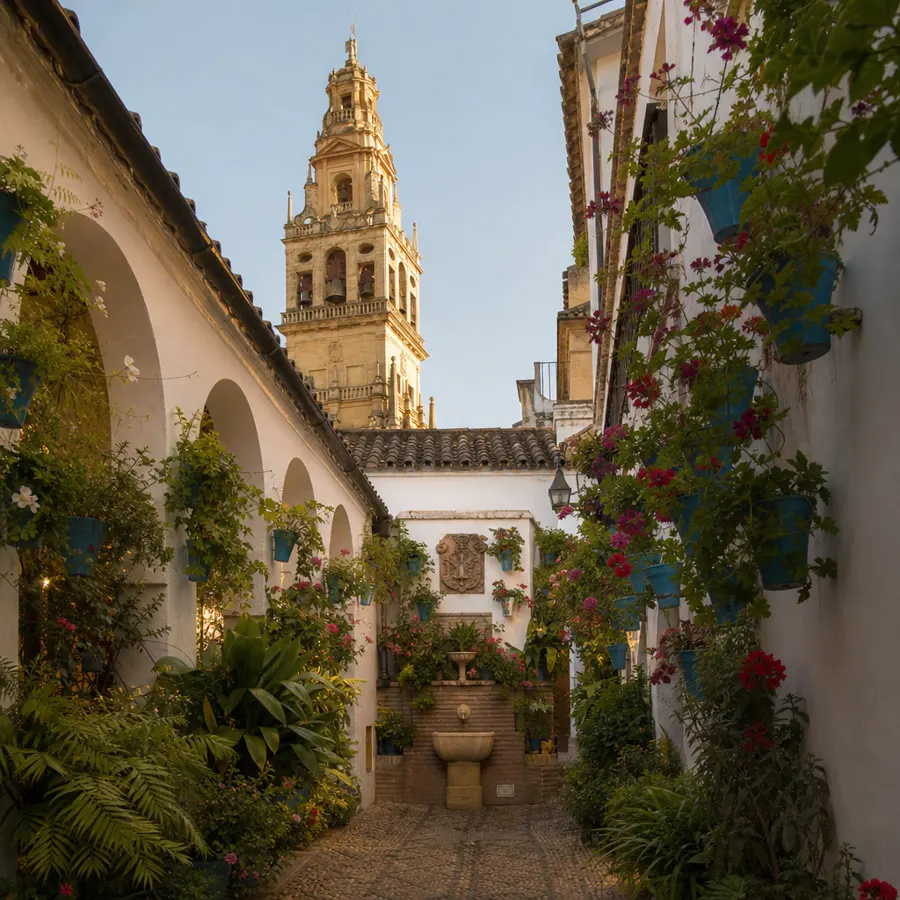 Recreación ilustrativa: Calleja de las Flores de Córdoba con la torre de la Mezquita-Catedral al fondo